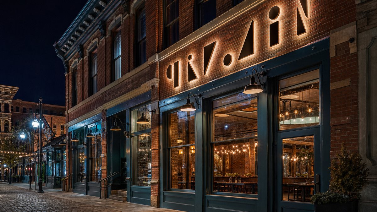 Halo-lit channel letters on a historic red brick building in Denver's Lower Downtown district at night
