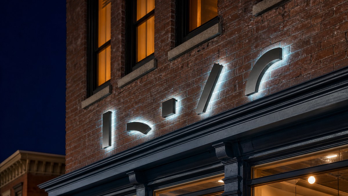 Halo-lit channel letters mounted through mortar joints on a historic Washington DC brick storefront at night