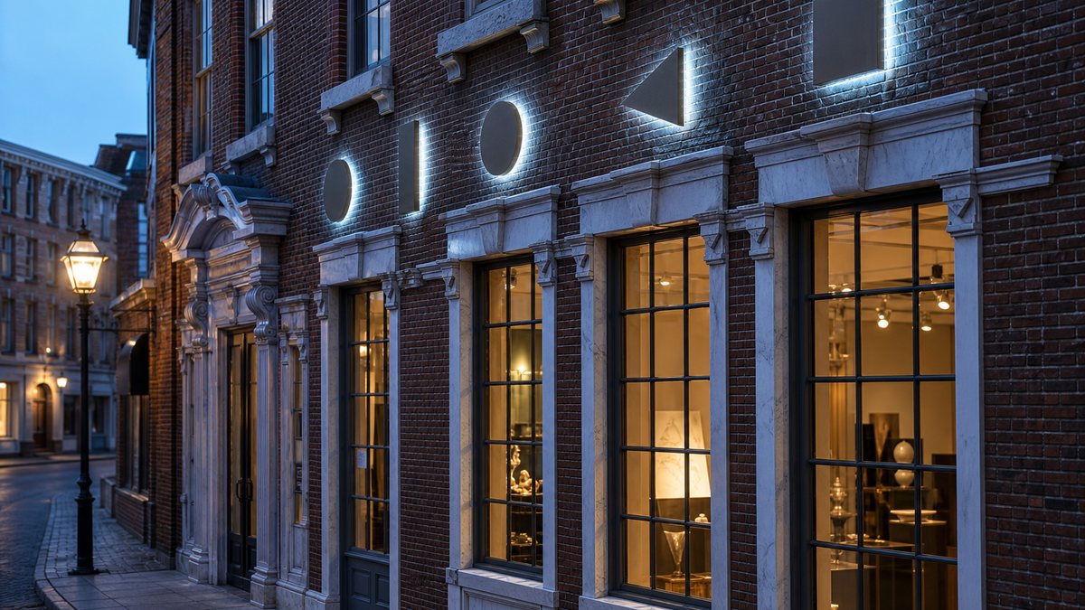 Halo-lit channel letter sign on a historic Philadelphia rowhouse storefront in Old City