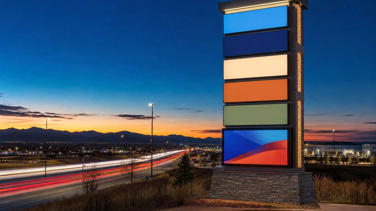 Tall pylon sign with LED message center along a Denver highway at twilight with the Front Range in the distance