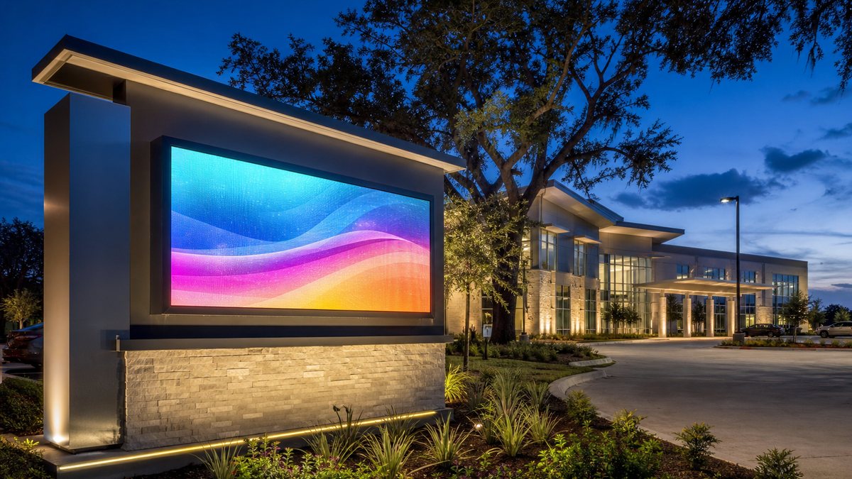Monument sign with full-color LED message center at a Houston medical office at dusk