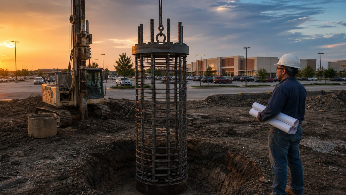 Engineer reviewing sealed structural drawings for a Houston pylon sign foundation with drilled pier rebar cage