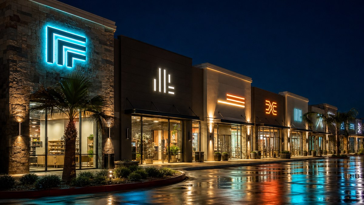 Illuminated LED channel letter signs on a Houston retail strip center storefront at night