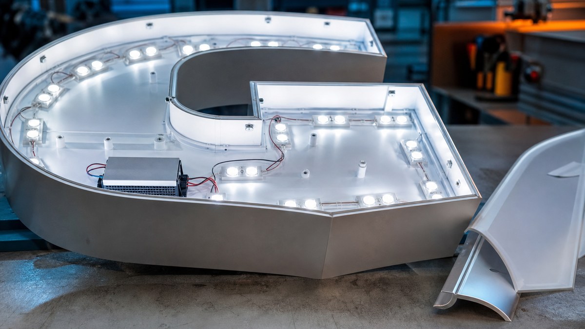 Inside an LED channel letter during fabrication showing LED modules and white interior