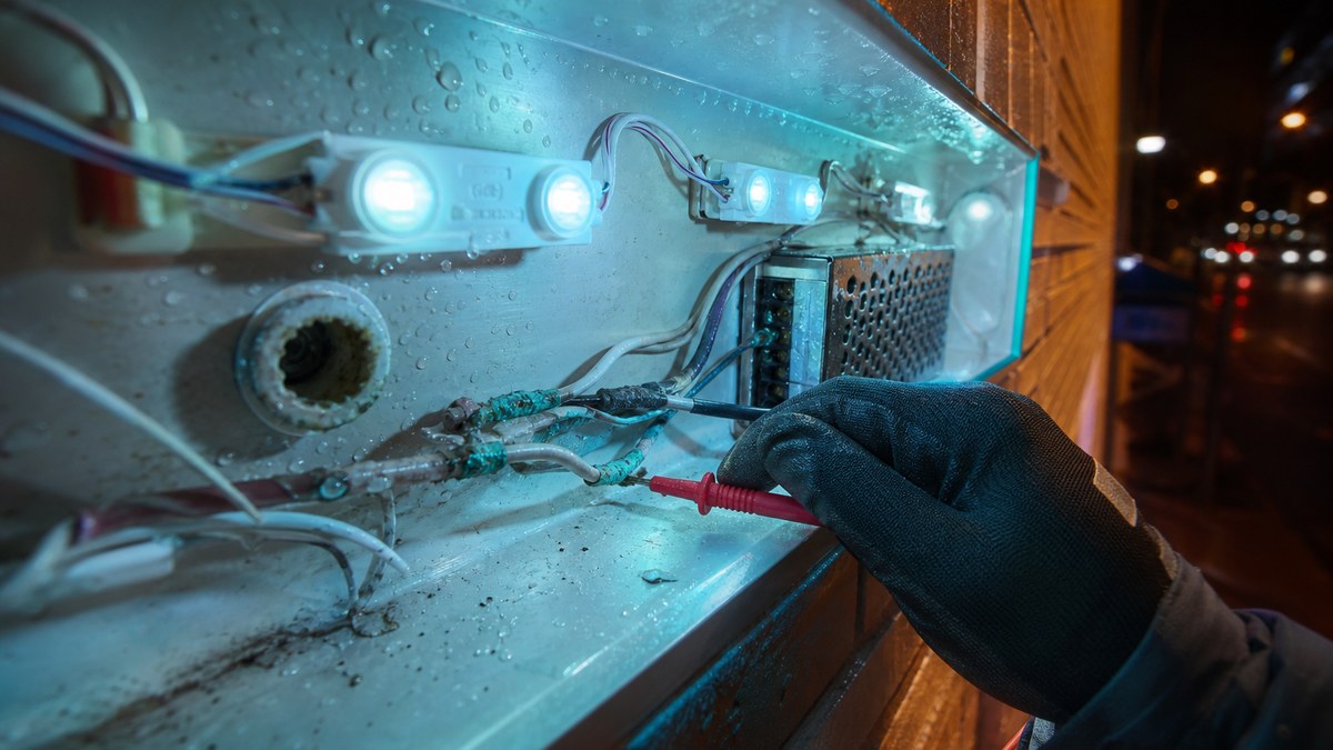 Inside an LED channel letter showing corroded wire connections and LED power supply on the Gulf Coast