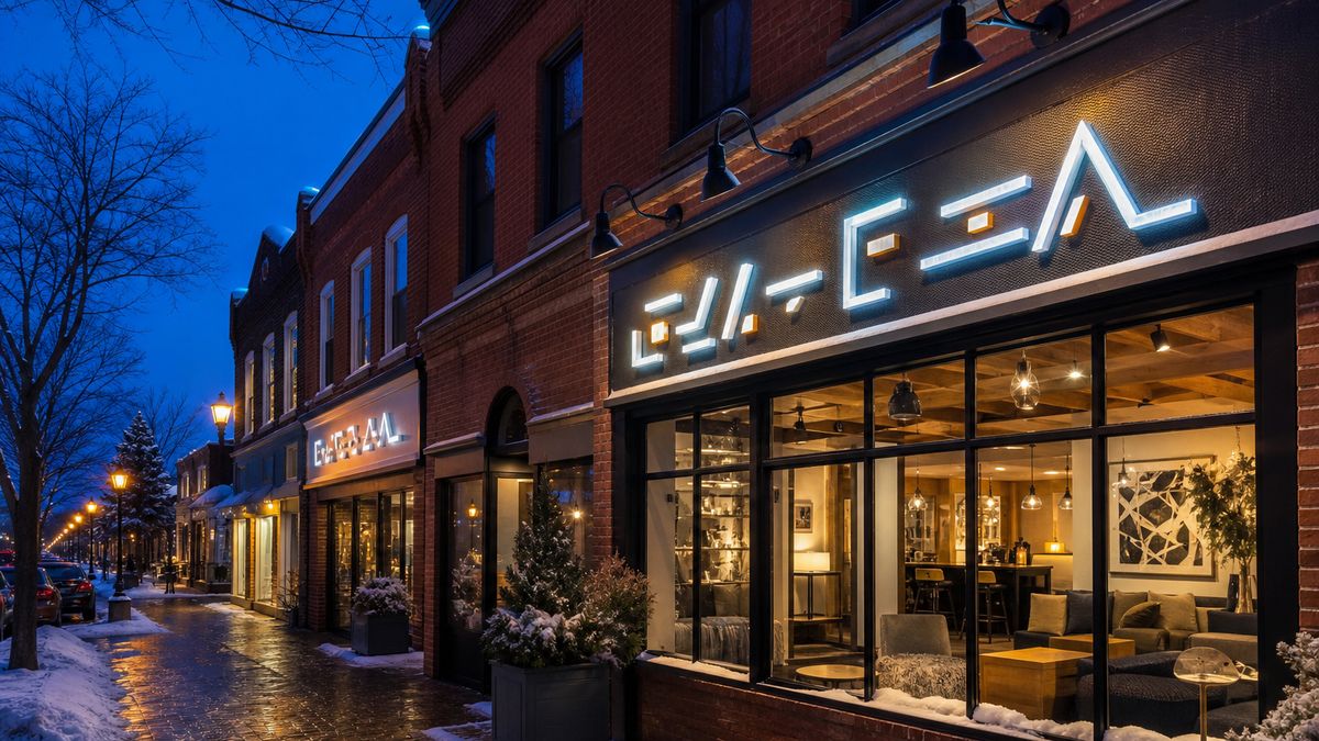 LED channel letter signs in Massachusetts glowing on a snowy brick storefront at dusk