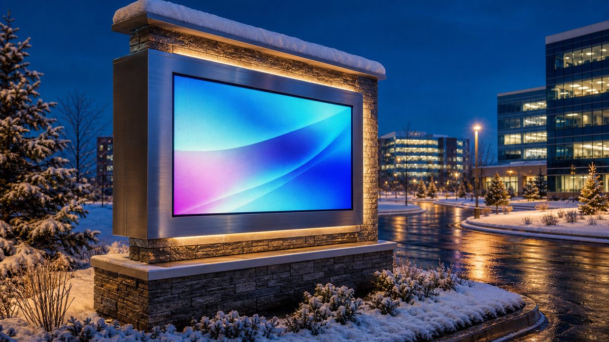 Monument sign with LED message center at a Denver Tech Center office park after a spring snowstorm at dusk