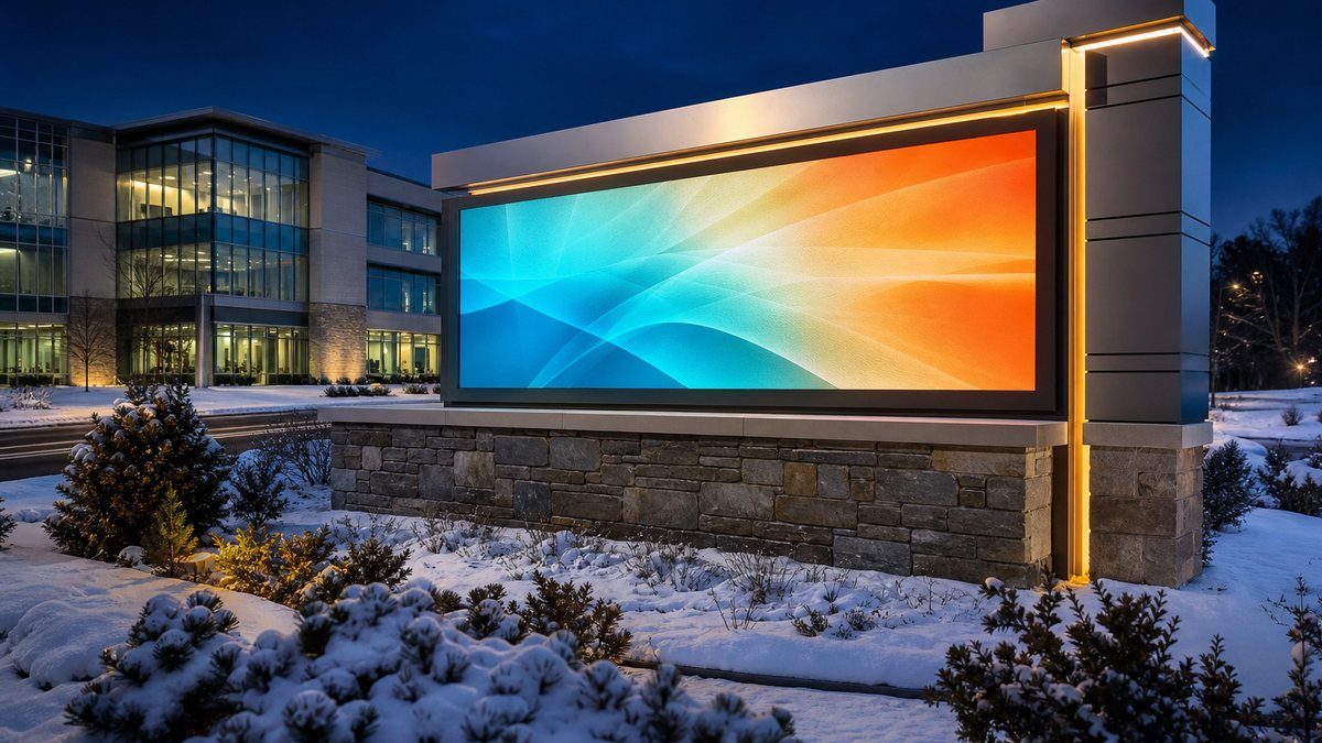 Monument sign with LED message center in a snowy Massachusetts office park at twilight