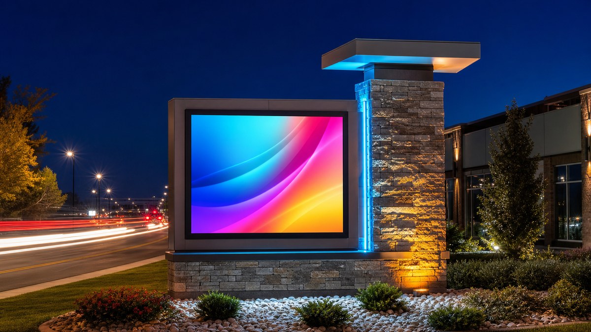 LED message center monument sign at a Northeast Philadelphia commercial corridor at night