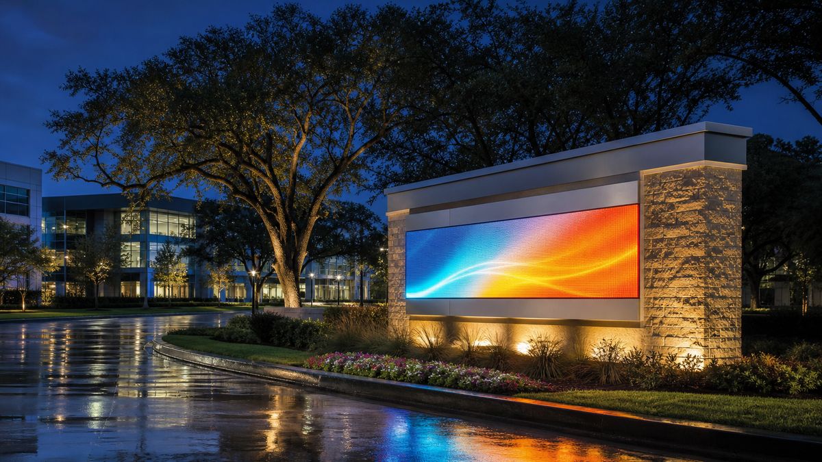 Restored LED monument sign and message center glowing at a Houston office park at night after professional repair