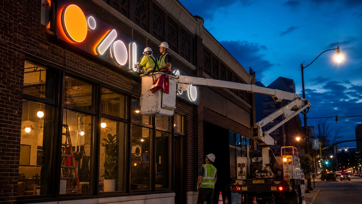 Sign installation crew mounting LED channel letters on a Philadelphia storefront