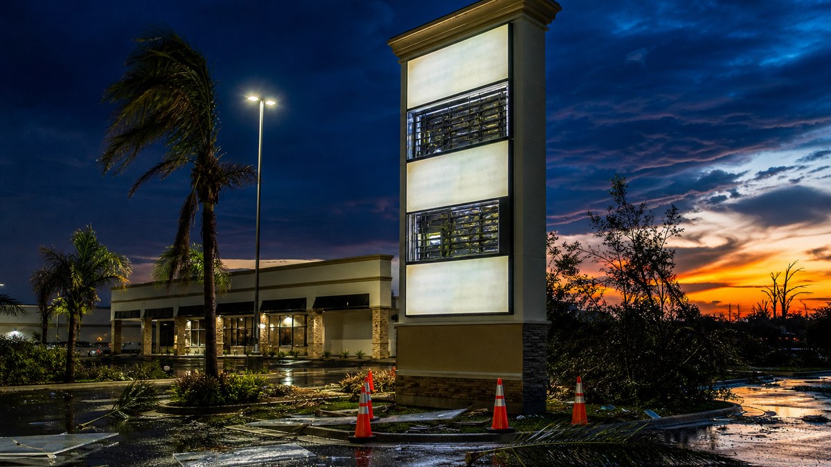 Storm-damaged pylon sign with missing face panels at a Houston strip center after hurricane winds