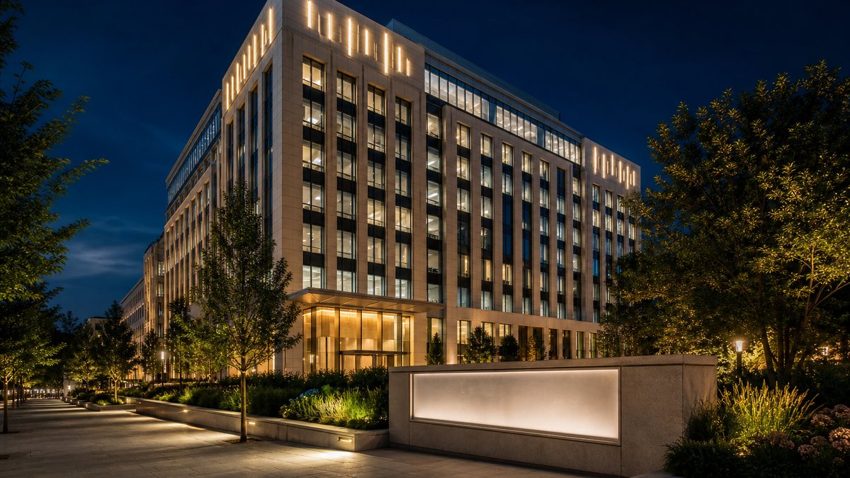 Washington DC office building with illuminated building letters and a stone monument sign at night